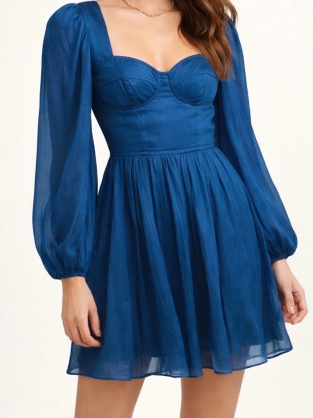 AQUA Sapphire Blue Bustier Mini Dress Lace Up Back Long Sleeve XS NWT
